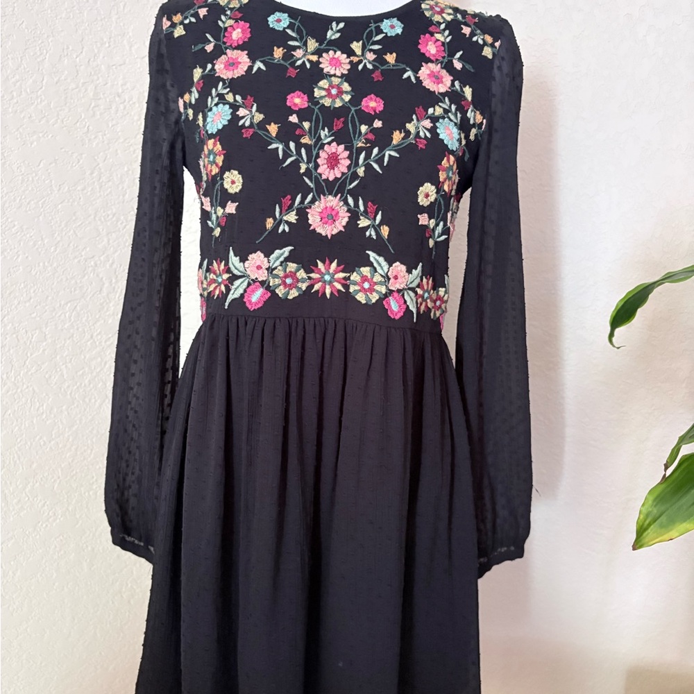 Zara Black Dress with Colorful Floral Embroidery